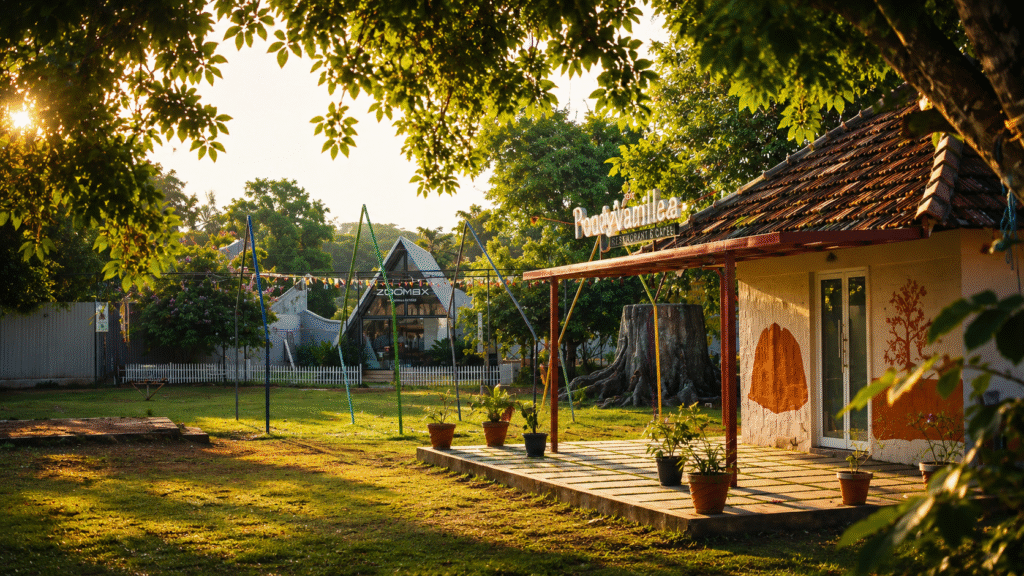 Event venue in Kasaragod with open lawn, cafe seating, and garden setup at sunset